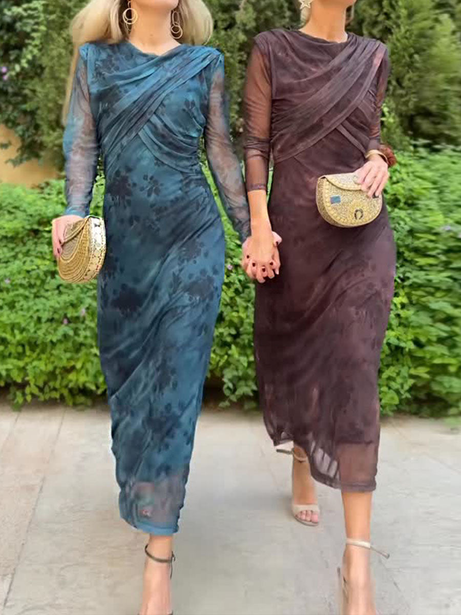 Women's Solid Color Round Neck Long Sleeve Casual Loose Mesh Dress