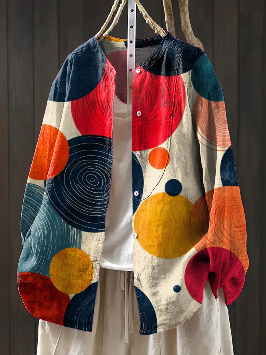 Women's Beautiful Abstract Multicolor Circular Geometric Art Print Casual Cotton And Linen Shirt