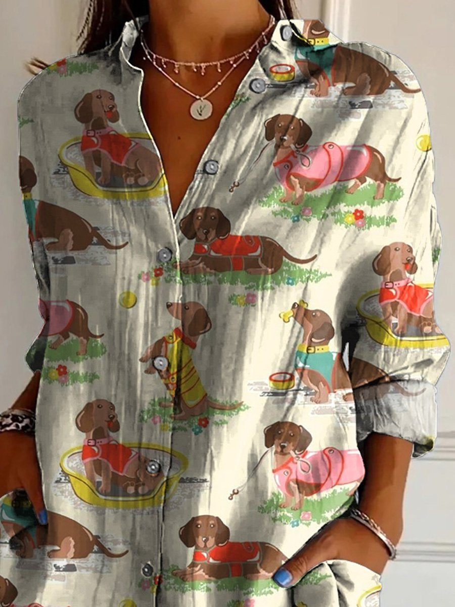 Lovely Dachshund Dog Pattern Printed Women's Casual Cotton Shirt