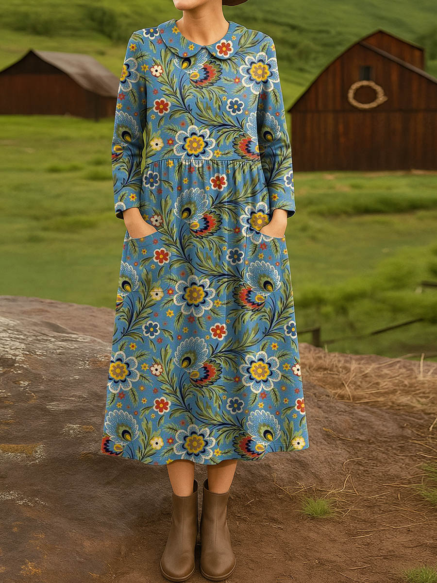 Women's Vintage Floral Pattern Art Print Cotton Lapel Shirt Dress