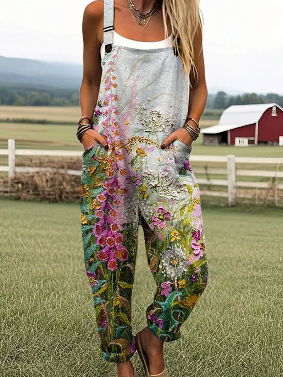 Women's Vintage Flowers Art Print Casual 100% Cotton Wide Leg Jumpsuit