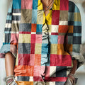 Women's Abstract Colorful Geometric Stripes Painting Art Print Casual Cotton And Linen Ruffle Shirt