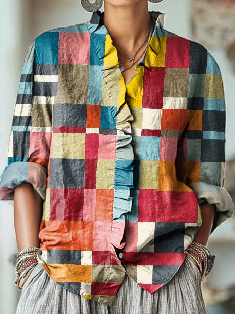 Women's Abstract Colorful Geometric Stripes Painting Art Print Casual Cotton And Linen Ruffle Shirt