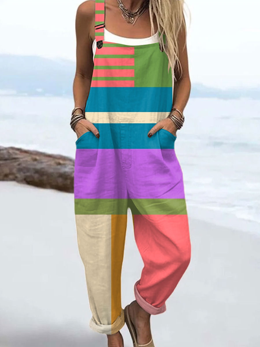 Women's Vintage Abstract Geometric Art Print Casual 100% Cotton Wide Leg Jumpsuit