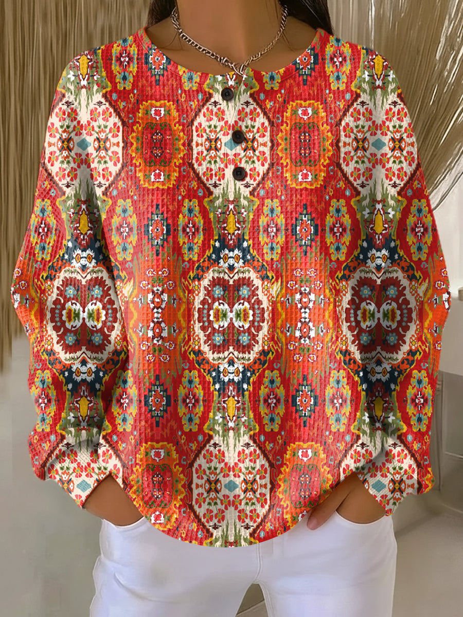 Women's Beautiful Ethnic Geometric Floral Art Print Casual Cotton Shirt