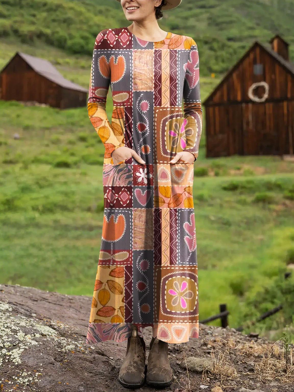 Women's Retro Floral Art Print Long-sleeved Dress