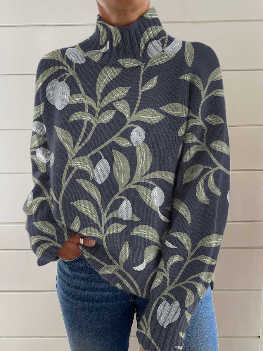 womens-green-vintage-art-olive-print-knit-turtleneck-pullover-sweater