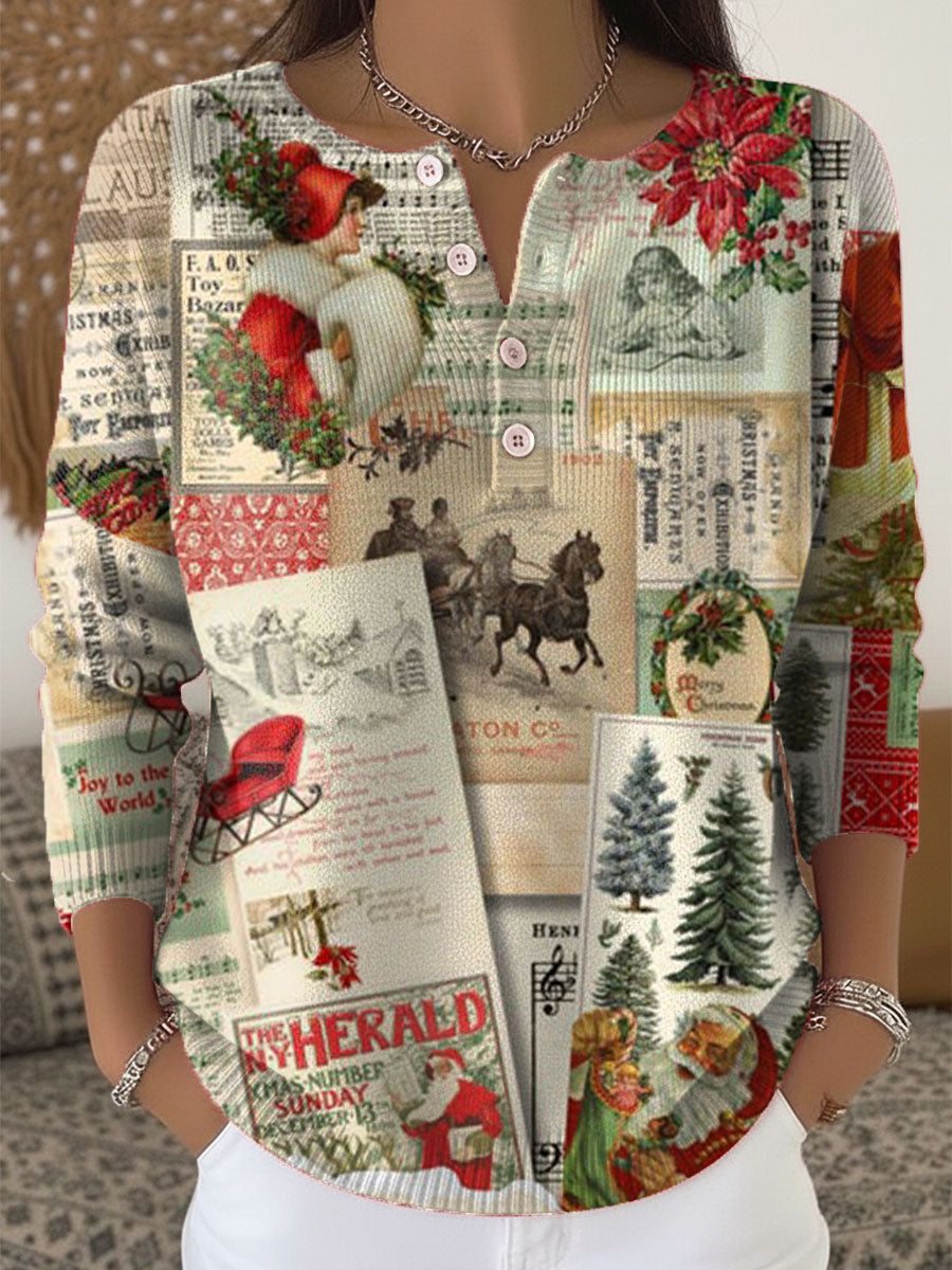 Vintage Christmas Art Print Buttoned Cardigan Sweater