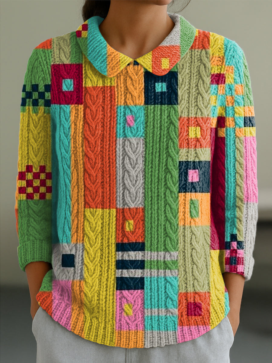 womens-abstract-colorful-geometric-plaid-painting-art-print-casual-peter-pan-collar-3-4-sleeve-sweater