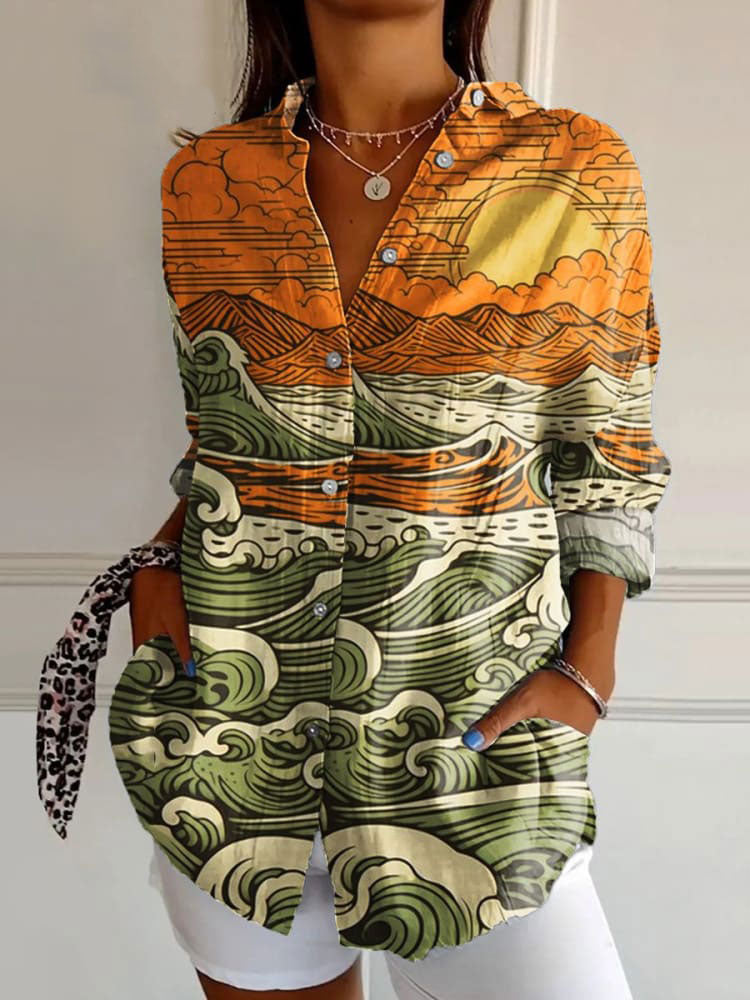 Women's  Japanese   Art Print Casual Cotton Shirt