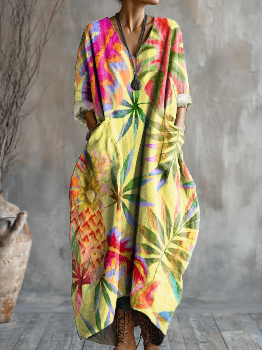 Women's Colorful Pineapple Art Pattern Print Pocket V-neck Cotton Dress
