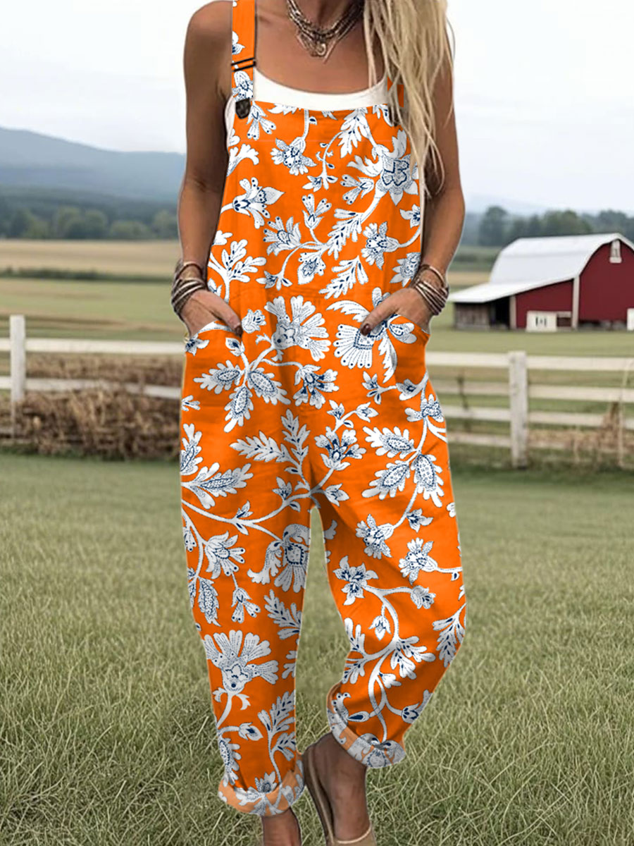 Women's  Vintage Floral Art Print Casual 100% Cotton Wide Leg Jumpsuit