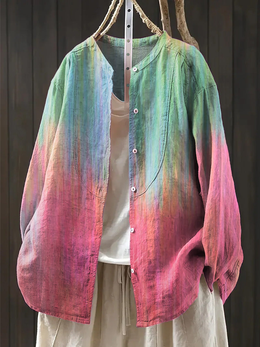 Women's Abstract Beautiful Gradient Painting Art Print Casual Cotton And Linen Ruffle Shirt
