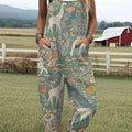 Damen-Jumpsuit mit Vintage-Kunstdruck, lässig, aus 100 % Baumwolle, weites Bein 