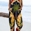 Women's Vintage Flower Art Print Casual 100% Cotton Wide Leg Jumpsuit