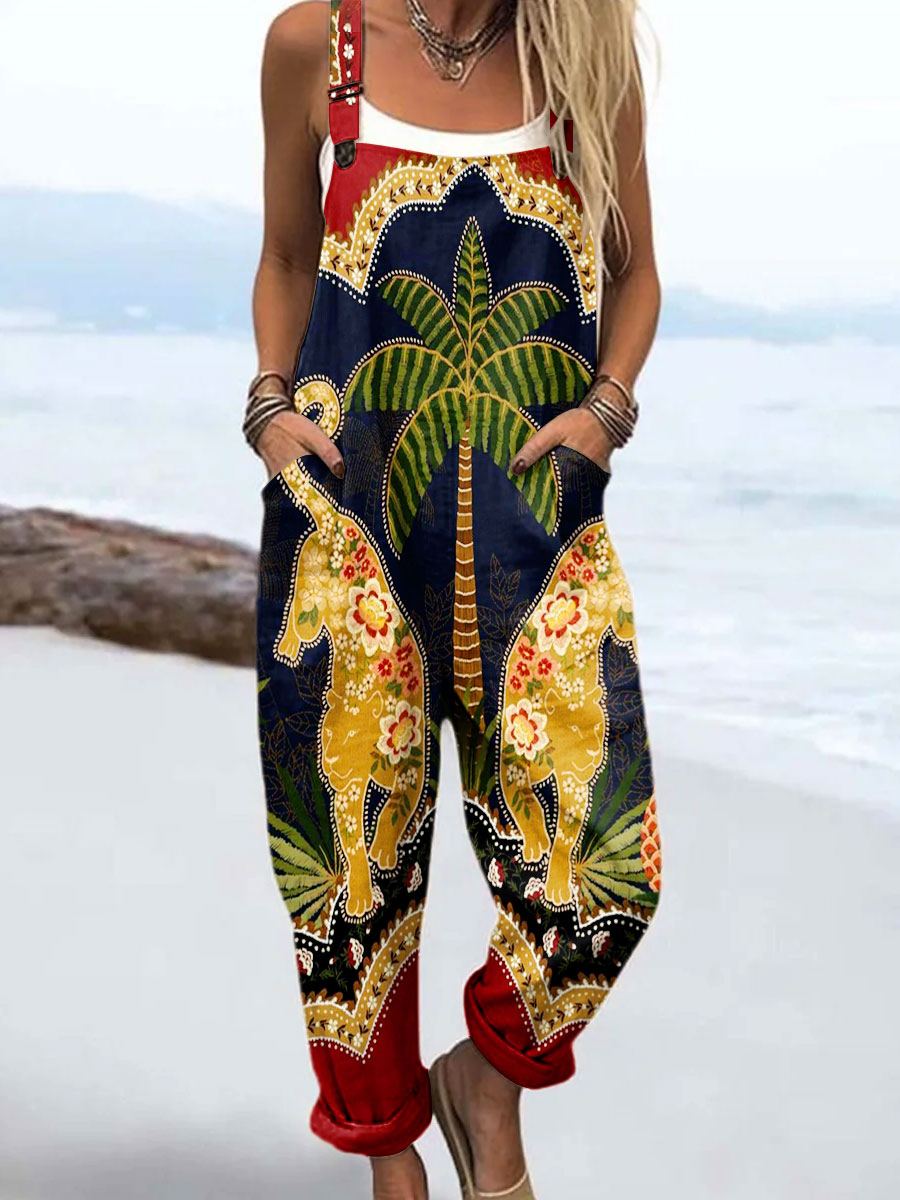Women's Vintage Flower Art Print Casual 100% Cotton Wide Leg Jumpsuit