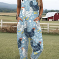 Women's Flower Funny Chick Art Print Casual 100% Cotton Wide Leg Jumpsuit