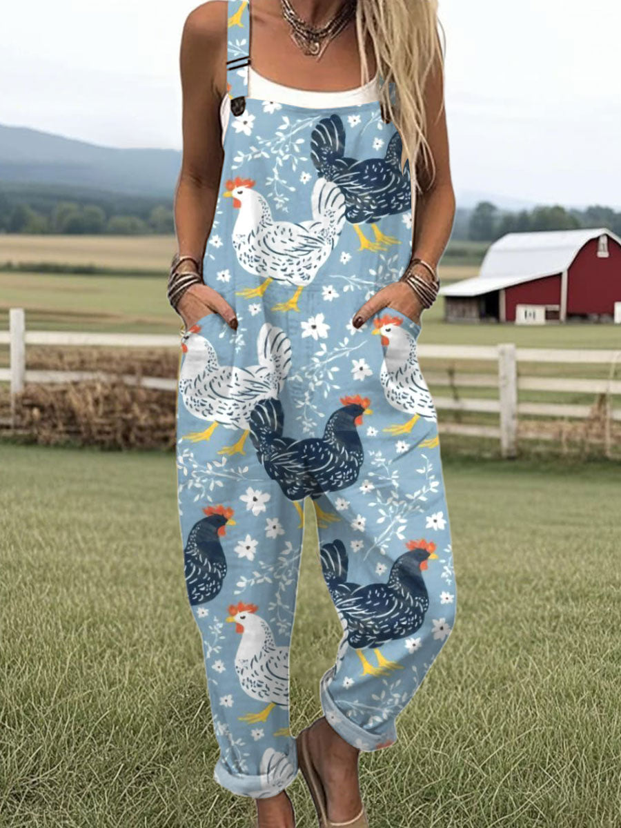 Women's Flower Funny Chick Art Print Casual 100% Cotton Wide Leg Jumpsuit