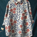 Women's Vintage Floral Art Print Casual Cotton And Linen Shirt