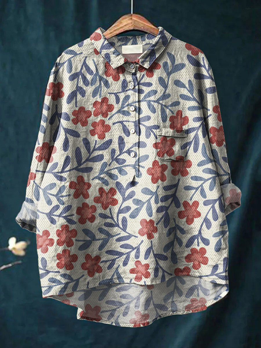 Women's Vintage Floral Art Print Casual Cotton And Linen Shirt