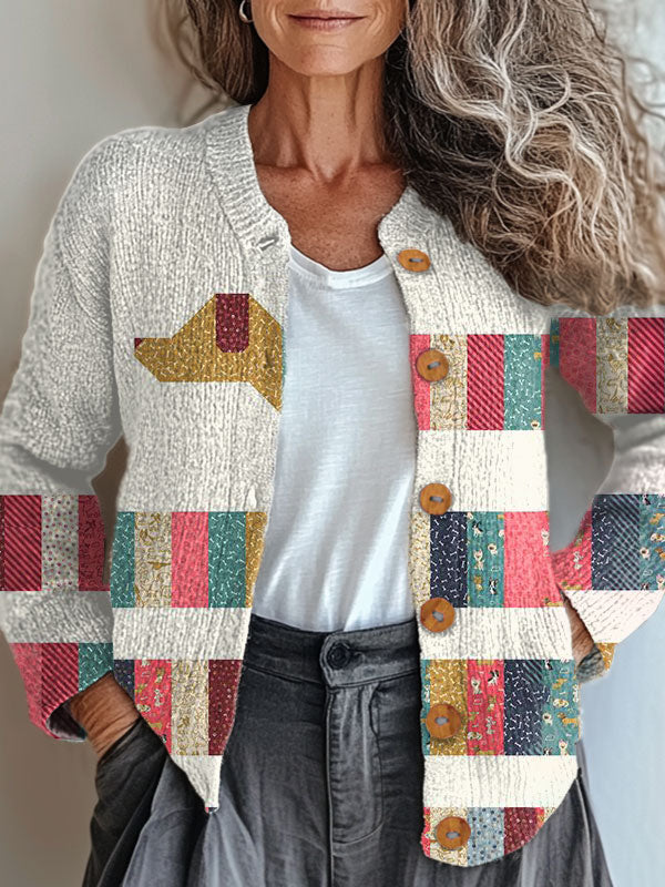vintage-colorful-dachshund-art-print-buttoned-cardigan-sweater