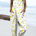Women's Artistic Creative Lemon Flower Leaves Print Casual 100% Cotton Wide Leg Jumpsuit