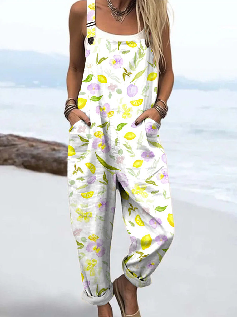Women's Artistic Creative Lemon Flower Leaves Print Casual 100% Cotton Wide Leg Jumpsuit