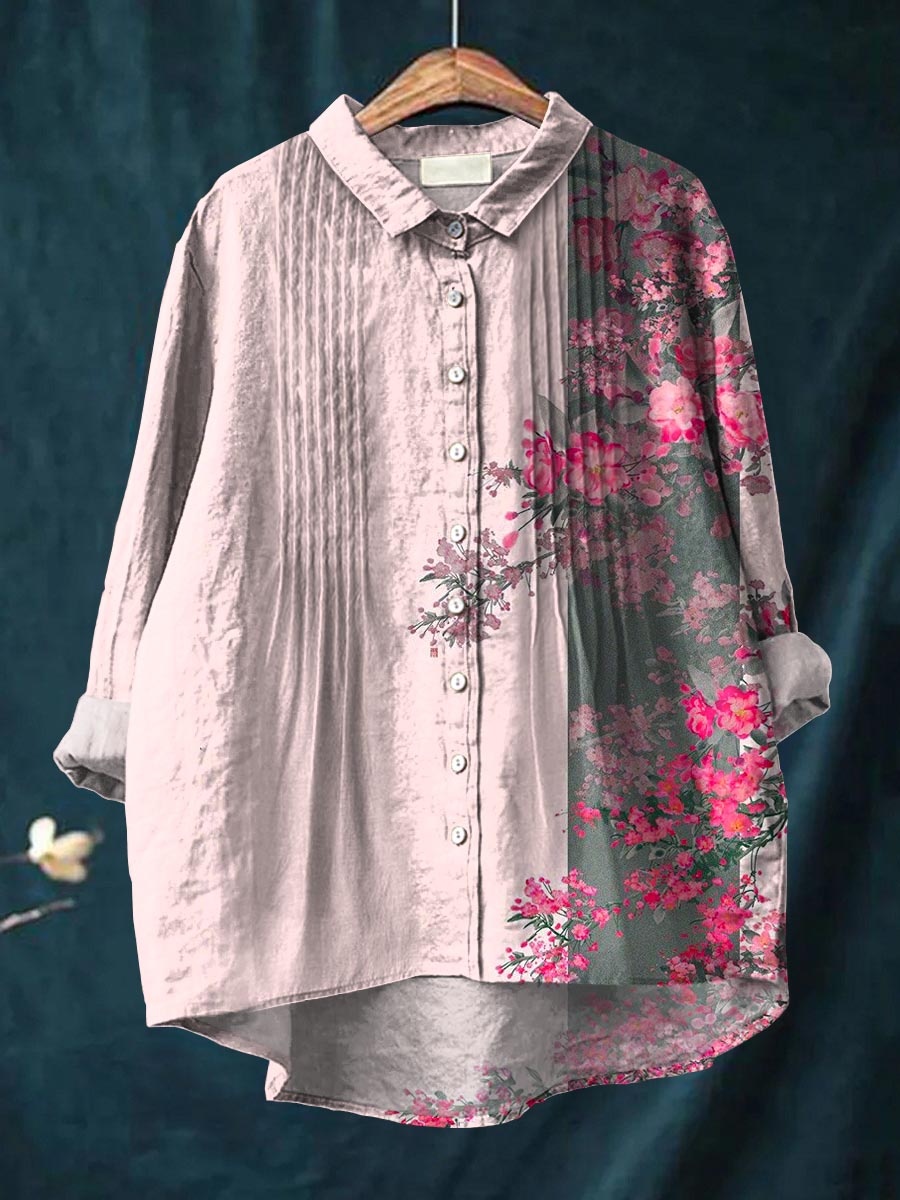 Women's Vintage Floral Pattern Art Casual Cotton And Linen Ruffle Shirt
