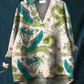 Women's Vintage Lovely Floral Leopard Art Print Casual Cotton And Linen V-neck Shirt
