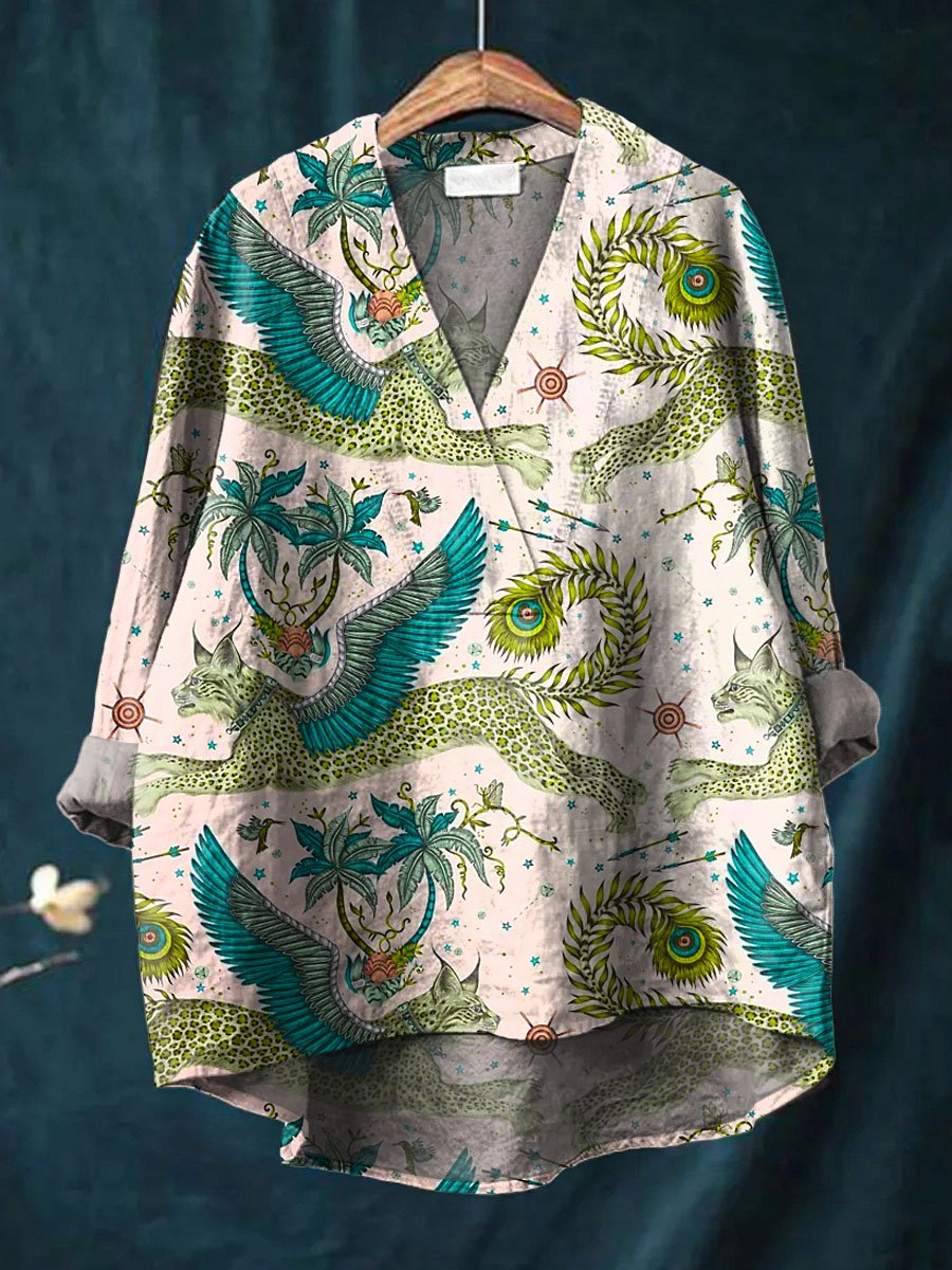 Women's Vintage Lovely Floral Leopard Art Print Casual Cotton And Linen V-neck Shirt