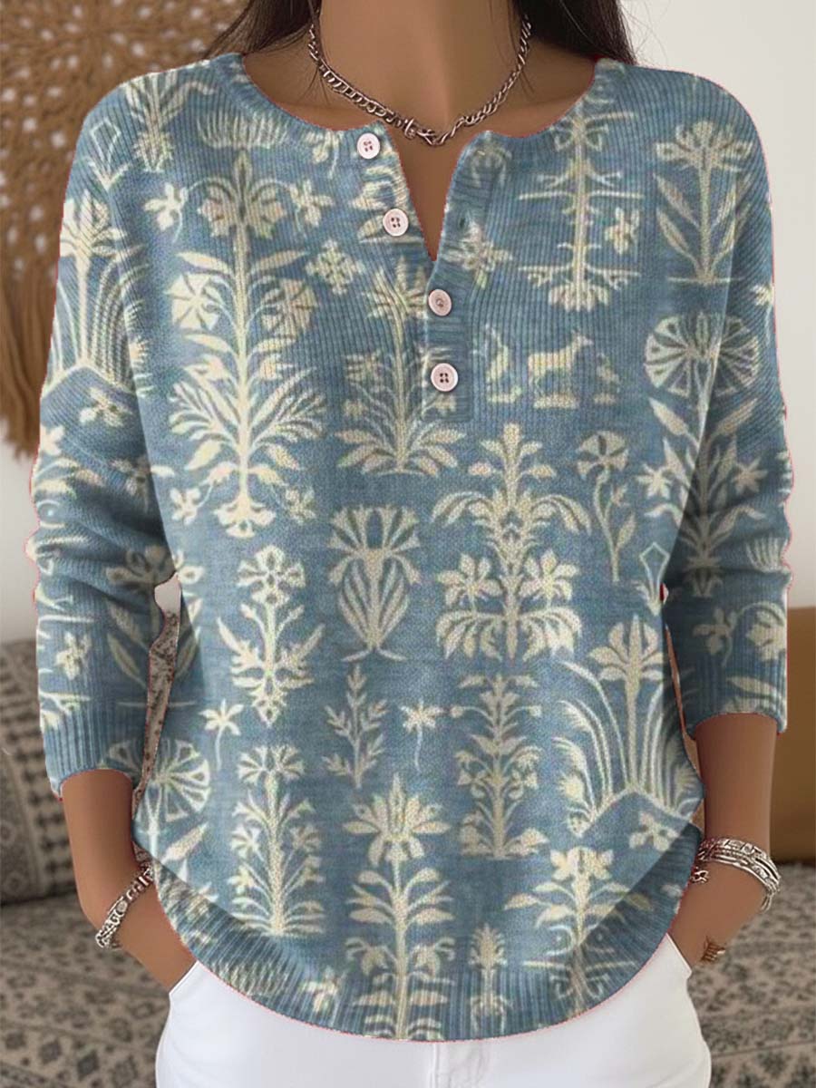Women's Floral Pattern Art Print Buttoned Cardigan Sweater