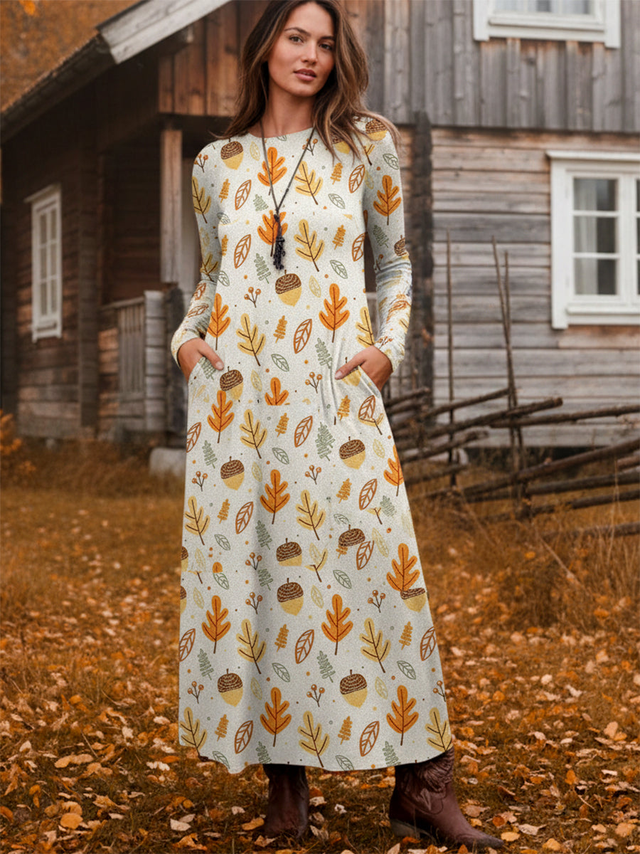 Forest Autumn Pine Cone Leaf Print Knitted Dress