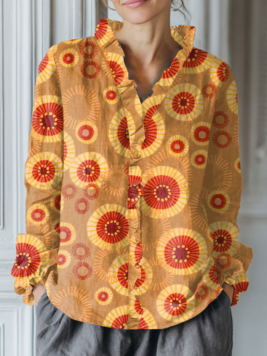 Women's Vintage Flower Art Print Casual Cotton And Linen Ruffle Shirt