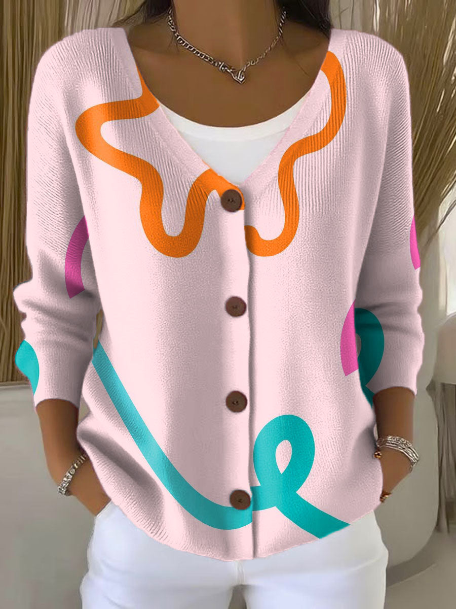 multi-colored-irregular-lines-print-buttoned-v-neck-cardigan-sweater