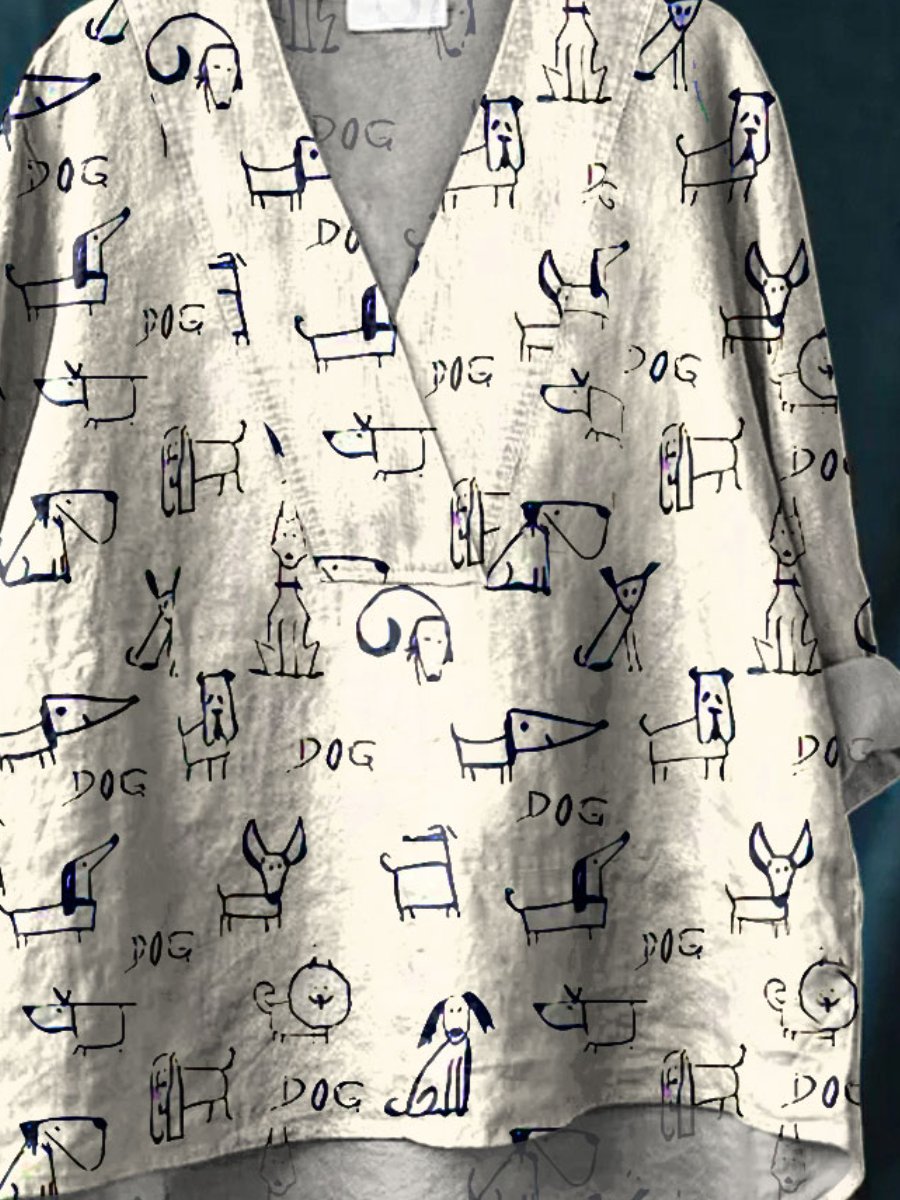 Women's Cute Dog Art Print Casual Cotton And Linen V-neck Shirt