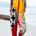 Women's Vintage Abstract Geometric Line Art Print Casual 100% Cotton Wide Leg Jumpsuit