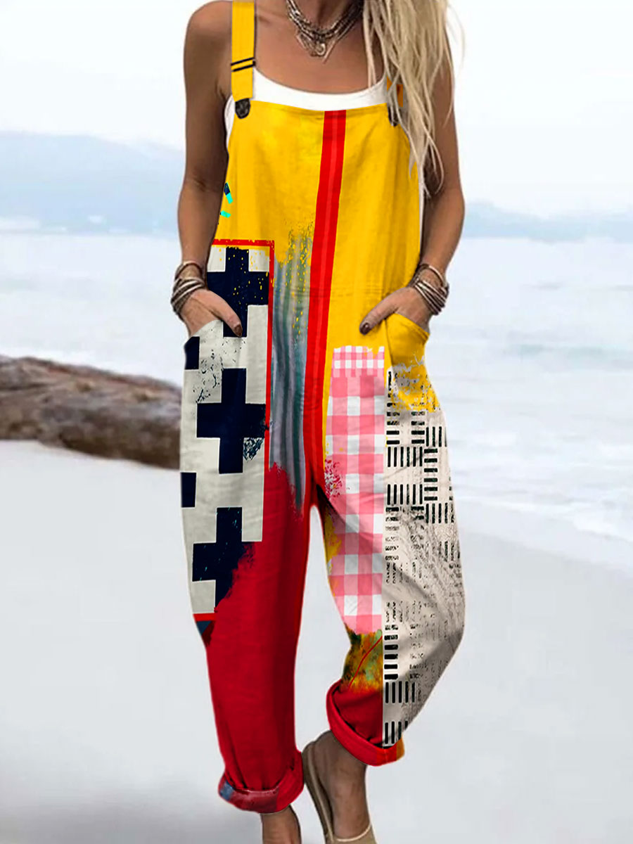 Women's Vintage Abstract Geometric Line Art Print Casual 100% Cotton Wide Leg Jumpsuit