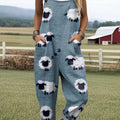 Women's Lovely Sheep Art Print Casual 100% Cotton Wide Leg Jumpsuit