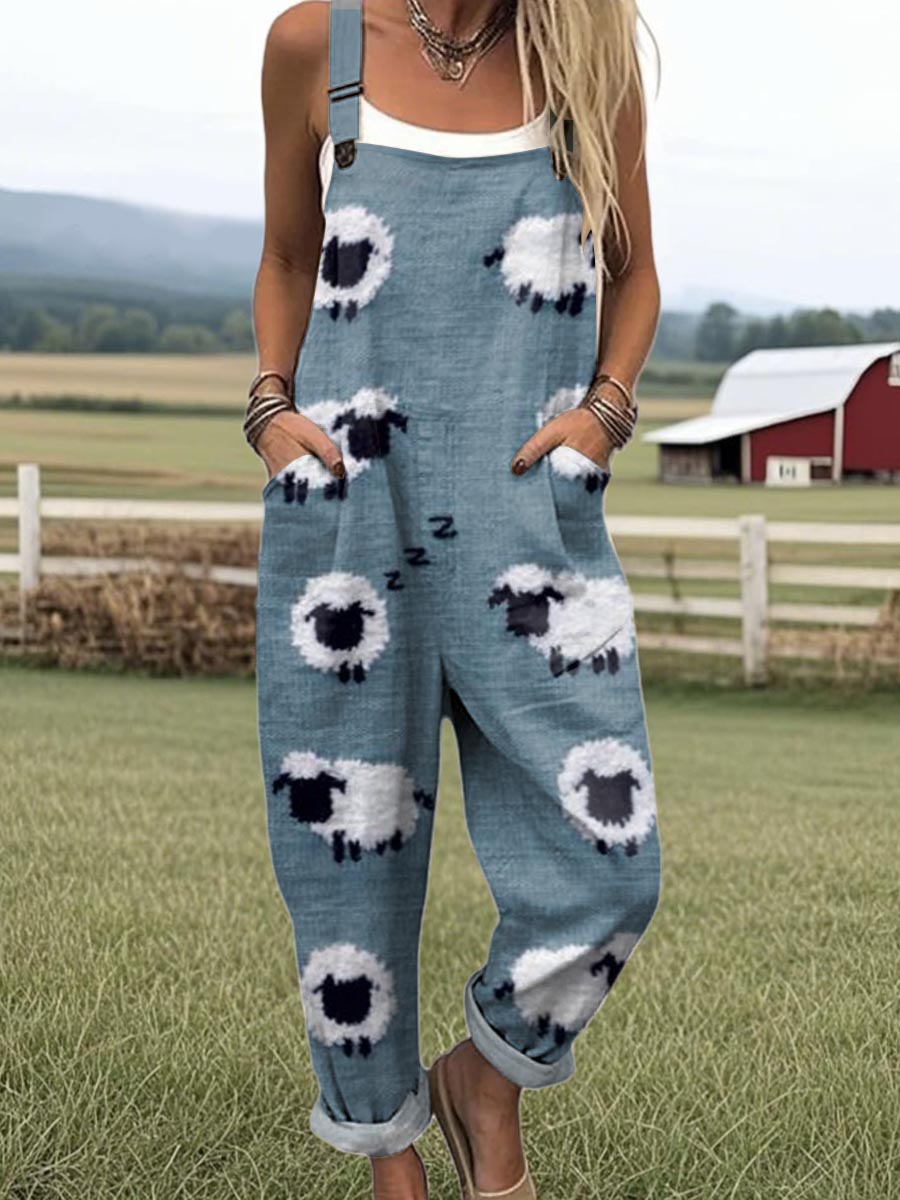 Women's Lovely Sheep Art Print Casual 100% Cotton Wide Leg Jumpsuit