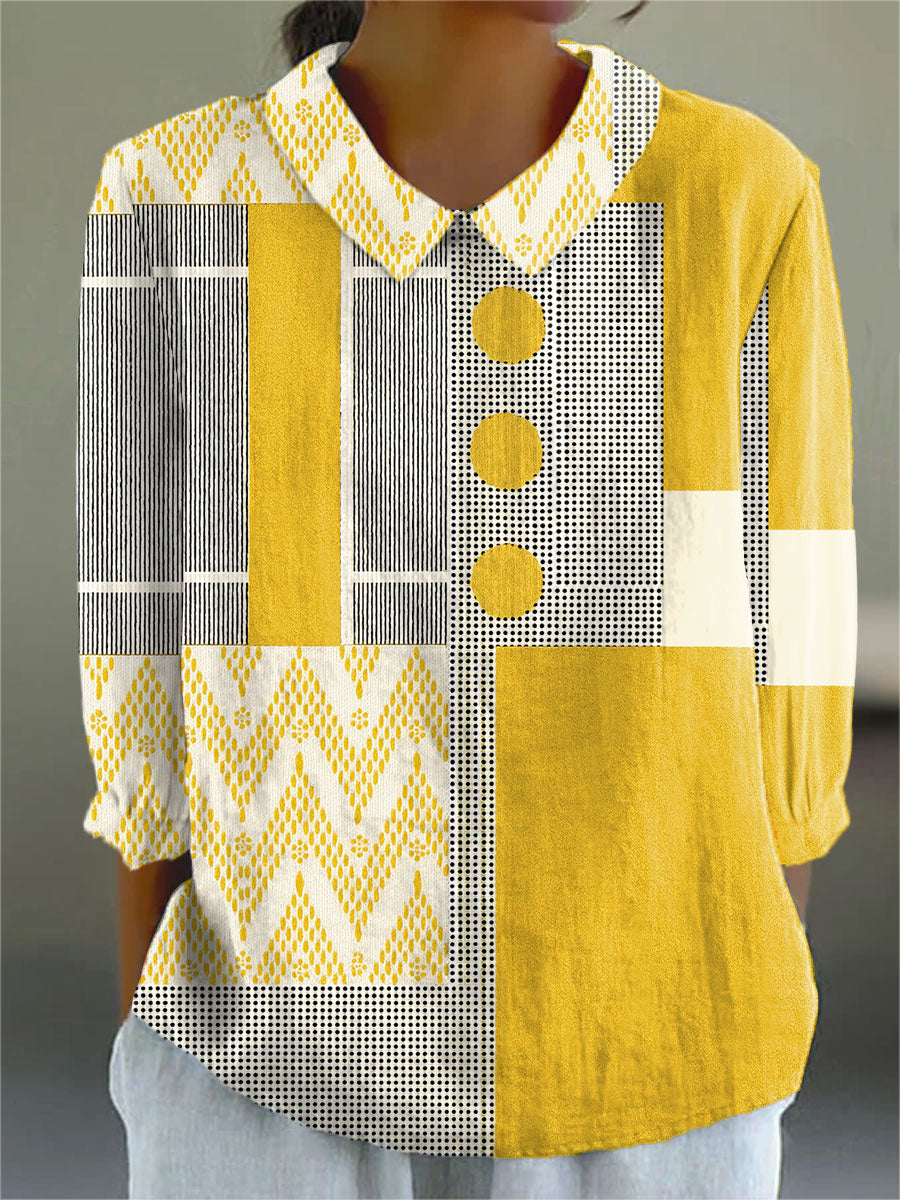 Women's Vintage Abstract Geometric Art Print Casual Cotton And Linen 3/4 Sleeve Shirt