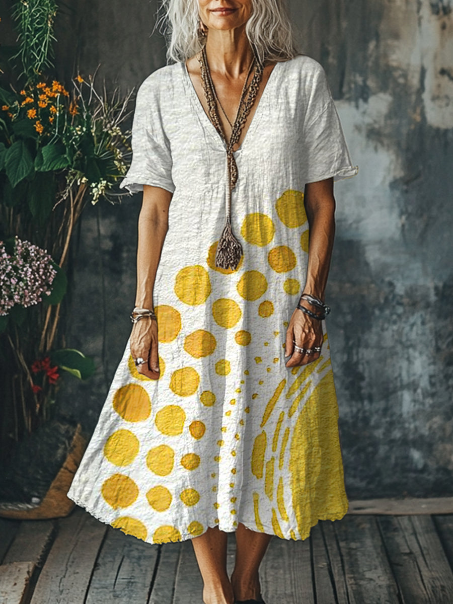 Women's Boho Vintage Art Print Pocket Cotton Dress