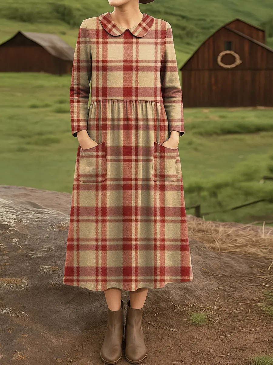 Women's Vintage Plaid Pattern Art Print Casual Cotton Dress