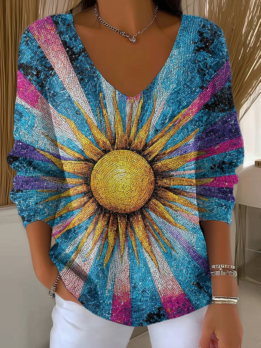 Women's Beautiful Abstract Sun Painting Art Print Casual Pullover Sweater