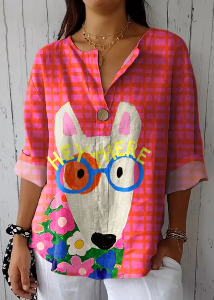 Chemise décontractée en coton et lin à imprimé chien pour femme 