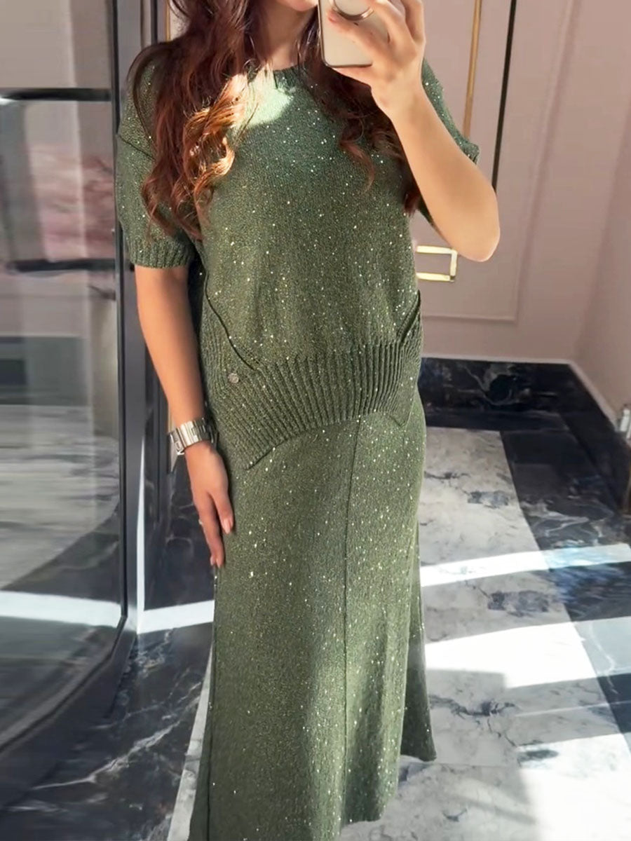 Women's Solid Color Round Neck Short Sleeve Casual Loose Sweater Elastic Waist Fishtail Skirt Set