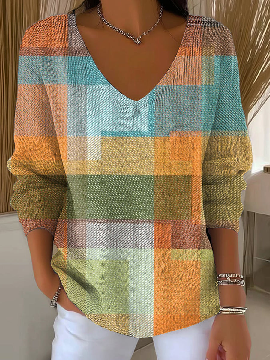 womens-vintage-geometric-plaid-painting-art-print-casual-pullover-sweater