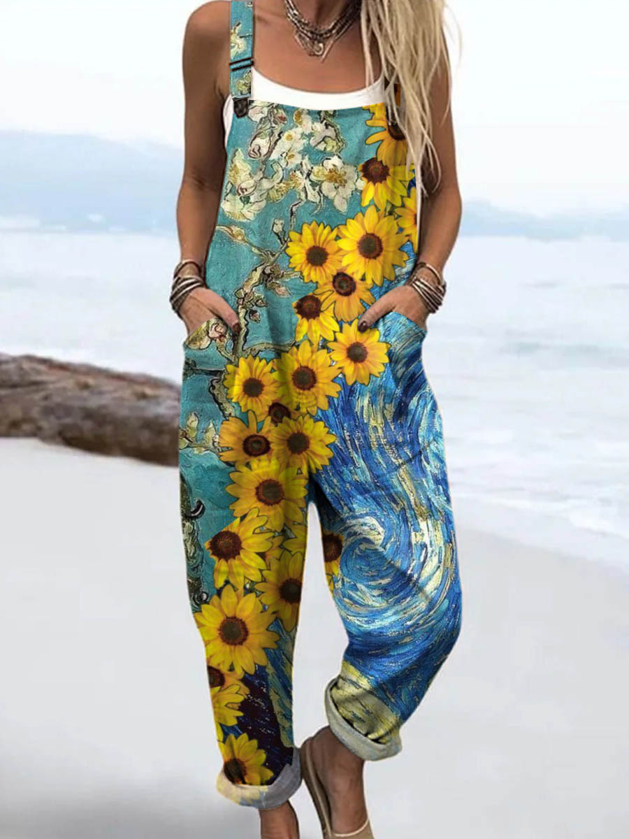 Women's Vintage Floral Pattern Art Print Casual 100% Cotton Wide Leg Jumpsuit