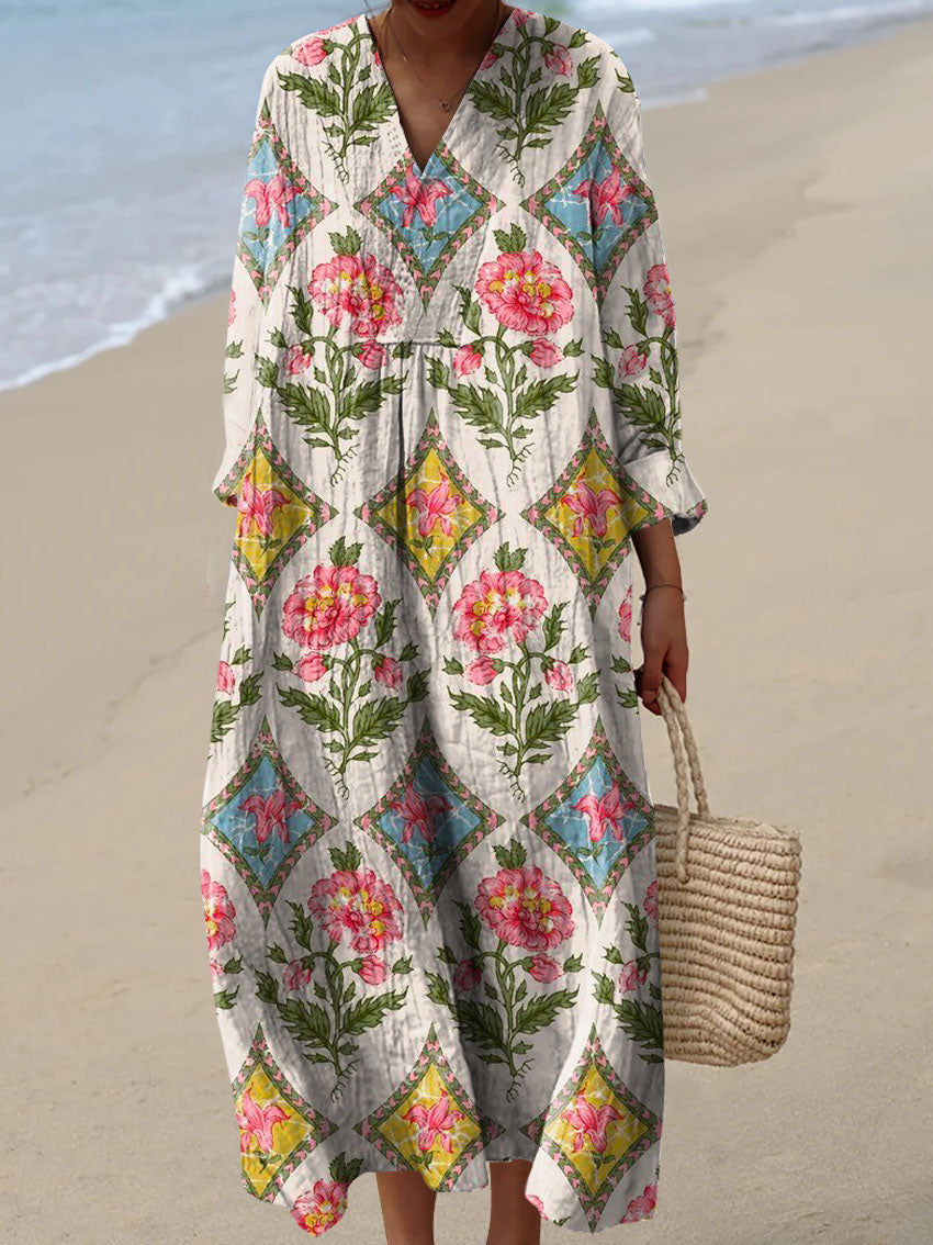 Women's Vintage Lovely Floral Art Print Cotton Dress