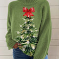 Women's Christmas Tree Art Print Knit Turtleneck Pullover Sweater