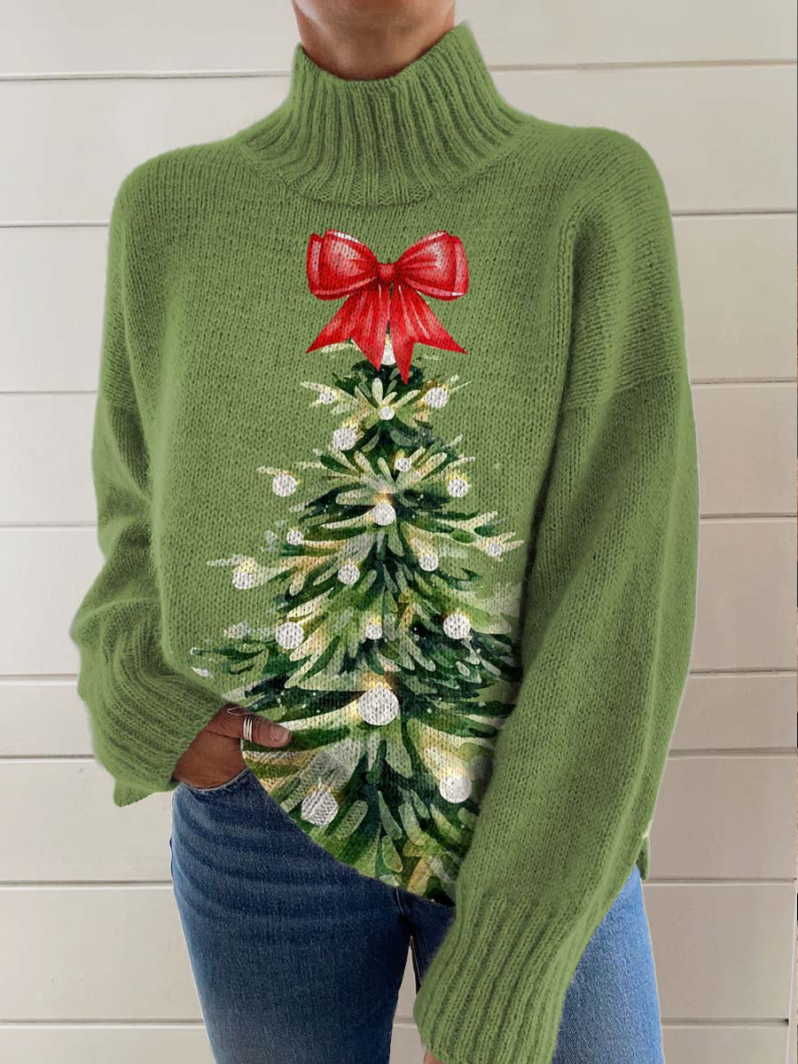 Women's Christmas Tree Art Print Knit Turtleneck Pullover Sweater